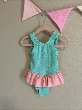 Hunza G Girls One-Piece Swim in Mint Green and Pale Pink